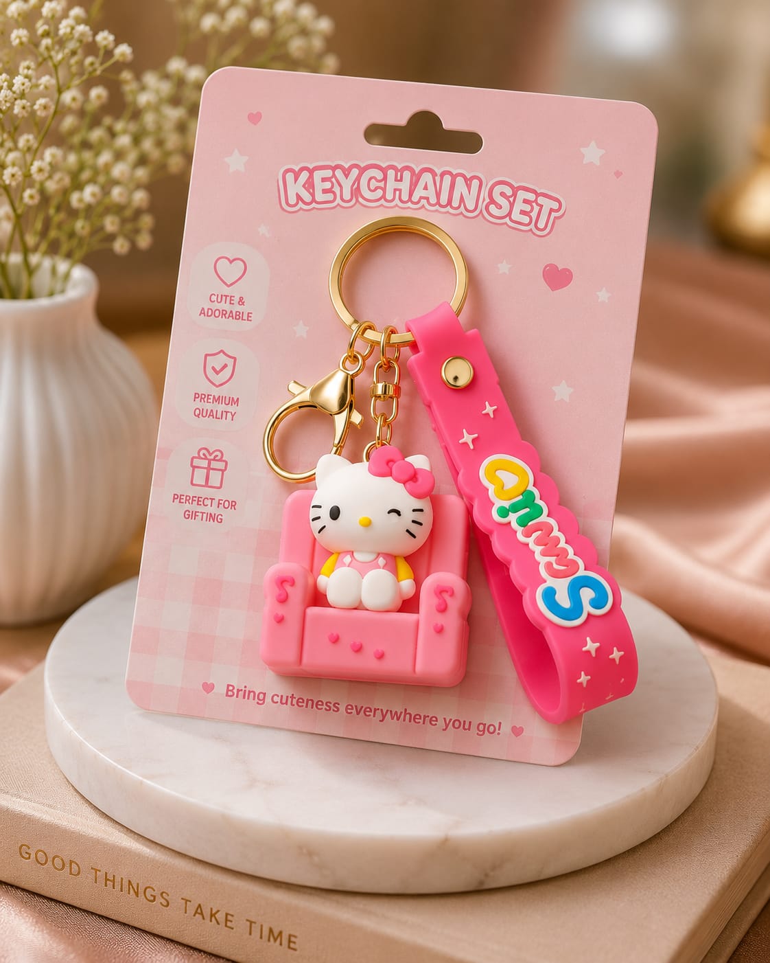 Cute Kitty Silicone Keychain with Wrist Strap – Premium Kawaii Bag Charm | Sajawat Bazar