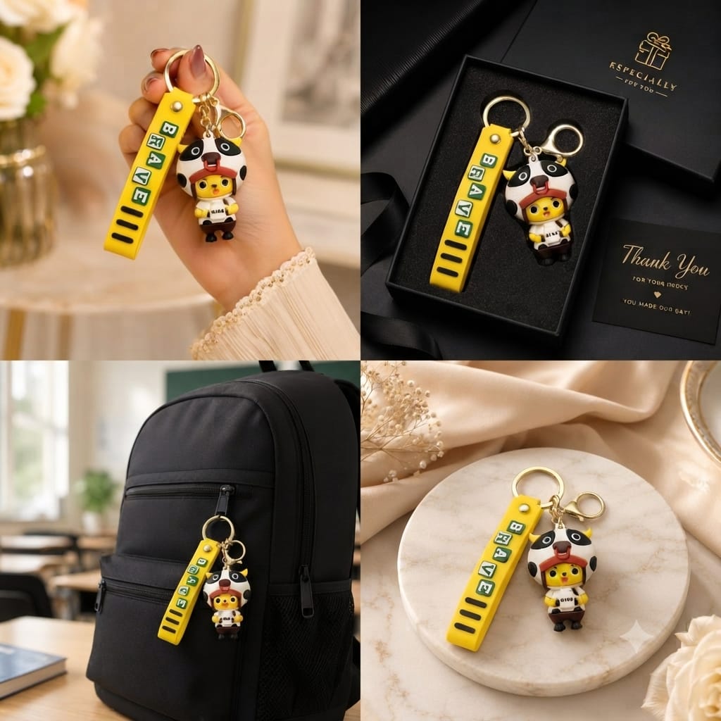Cute Cow Costume Silicone Keychain with Wrist Strap – Premium Kawaii Bag Charm | Sajawat Bazar