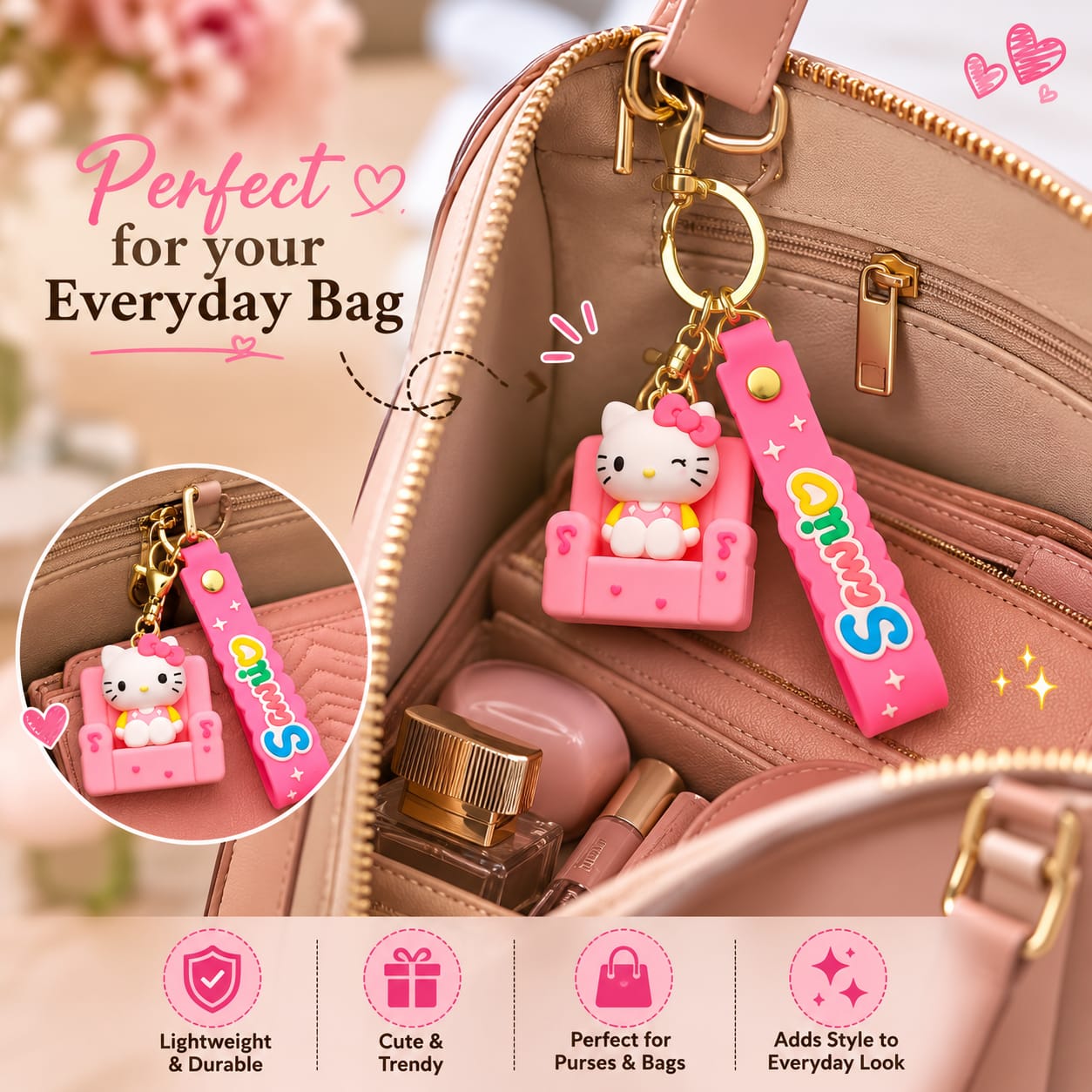 Cute Kitty Silicone Keychain with Wrist Strap – Premium Kawaii Bag Charm | Sajawat Bazar